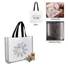 a group of reflective non - woven coloring tote bag with crayons