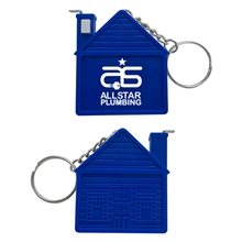 a blue house shaped tape measure key chain