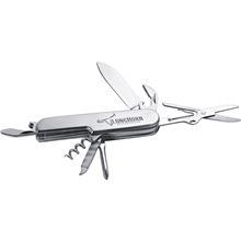 aerial view a stainless steel 8- function stainless steel knife, image 1 of 2