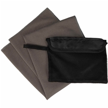 aerial view a gray cooling towel with travel pouch, image 1 of 5