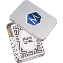 aerial view a group of playing cards dice game set, image 1 of 3