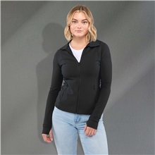 aerial view a black (995) womens lyon eco stretch knit full zip jacket with thumb holes, image 1 of 8