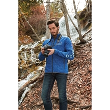 aerial view a group of mens tremblant sweater knit full zip jacket with thumb holes, image 1 of 3