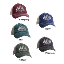 aerial view a group of ace usa distressed pigment trucker cap, image 1 of 2