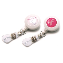 aerial view a white breast cancer awareness plastic badge reel w / 3 day service, image 1 of 2