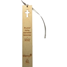 aerial view a wood laser engraved wooden bookmark with ribbon, image 1 of 2