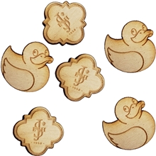 a group of wood lapel pins 3/4 w x 3/4 h