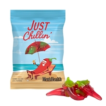 aerial view a group of 4 oz full color digibag(tm) with red hot chili pepper gummies, image 1 of 3