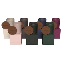 aerial view a group of summit glass candle with acacia wood lid, image 1 of 2