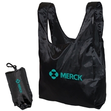 aerial view a black folding tote in a pouch, image 1 of 2