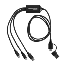 aerial view a black prime line 3- in -1 charging cable with dual input, image 1 of 4
