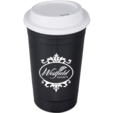 aerial view a black traveler 16 oz travel cup with sip - through lid, image 1 of 4