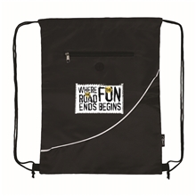 aerial view a black eco - friendly rpet drawstring bag with mesh - full color, image 1 of 2