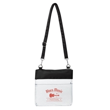 aerial view a black all access clear crossbody bag with detachable strap, image 1 of 3