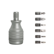 a group of 6- in -1 recycled aluminum screwdriver tool