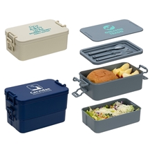 aerial view a group of canteen stackable lunch box with utensils, image 1 of 2