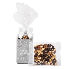 a custom holiday gift tote with raisin nut trail mix