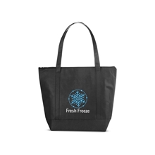 aerial view a black medium size non - woven cooler tote bag with zipper, image 1 of 5