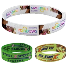 aerial view a group of wrist twist 1/2 stretchy elastic dye sublimation wristbands - photoimage (r) full color imprint, image 1 of 2