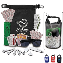 aerial view a group of 29 piece golf kit in deluxe dry bag, image 1 of 3