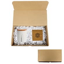 a brown box with white crinkle paper box & brown coaster & white-brown mug perk up kit brown