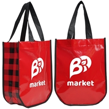 aerial view a red lumberjack plaid laminated fashion tote, image 1 of 2