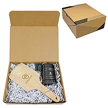 aerial view a brown box with white crinkle paper box & wood bbq grill scraper & grey flashlight backyard boss brown, image 1 of 2