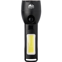 aerial view a black solar powered rechargeable 130 lumen cob flashlight, image 1 of 14