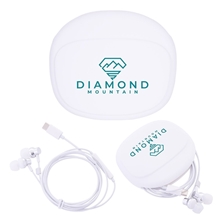 aerial view a white opus usb - c wired earbuds with silicone pouch, image 1 of 3