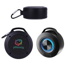 aerial view a black lyric ipx5 waterproof wireless speaker with carabiner, image 1 of 7