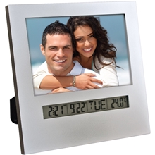 a silver photo frame with multifunction digital display