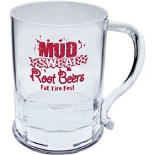 a clear 16 oz plastic fluted root beer mug with handle