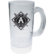 a clear 22 oz plastic fluted textured beer mug with handle