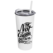 a white cup & clear lid & frost straw roadmaster travel tumbler with slider lid and straw - 18 oz