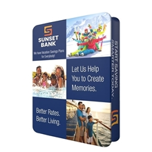 a multi-colored displaysplash 3d fabric banner stand - 66 w x 8 h x 15 3/4