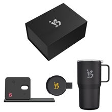aerial view a black current carry tech gift set with charging hub, charger tumbler, image 1 of 2