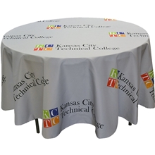 a group of full color round table covers for 4 diameter tables