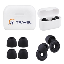 aerial view a white/black hushies loop ear plugs, image 1 of 15