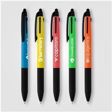 aerial view a group of malta recycled plastic 3- in -1 stylus neon grip multi - ink pen, image 1 of 2