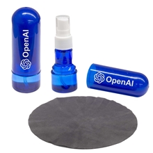 aerial view a translucent blue all - in - one cleaning kit 1 - 1.0oz /30ml lens screen cleaning spray, image 1 of 3