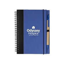 aerial view a blue contrast paperboard spiral notebook pen 5.5 x 7.125, image 1 of 3