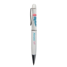 aerial view a white floating sperm egg twist ballpoint pen, image 1 of 2
