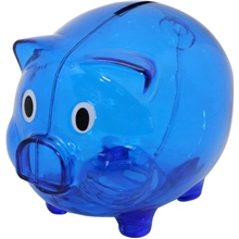aerial view a translucent blue translucent pig coin bank, image 1 of 3