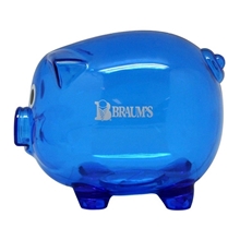 aerial view a translucent blue translucent pig coin bank, image 1 of 3