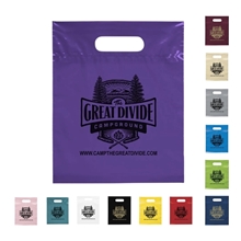 a group of frosted plastic flexo ink multi color die cut handle bag