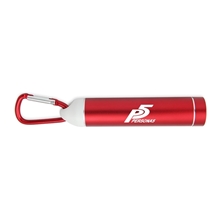 aerial view a pms 186c edgewater carabiner standard power bank with ul certified battery, image 1 of 4