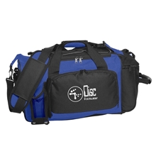 aerial view a royal blue with black trim deluxe sports duffel bag, image 1 of 4
