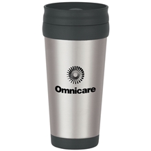 aerial view a stainless steel with black lid and trim 16 oz stainless steel slide action travel tumbler, image 1 of 2