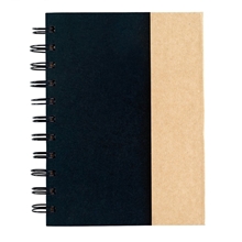 aerial view a black with natural trim small spiral notebook with sticky notes and flags, image 1 of 2