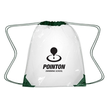 aerial view a clear with forest green trim clear drawstring backpack, image 1 of 2